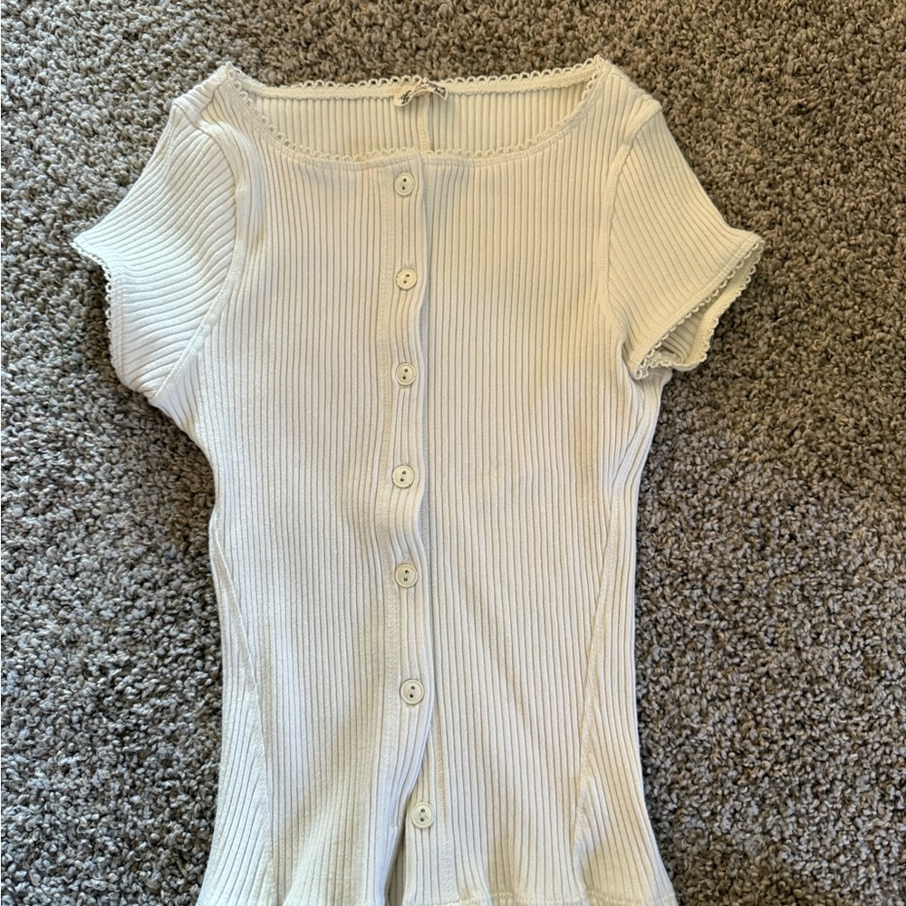 Free People White Ribbed Button-Down Top